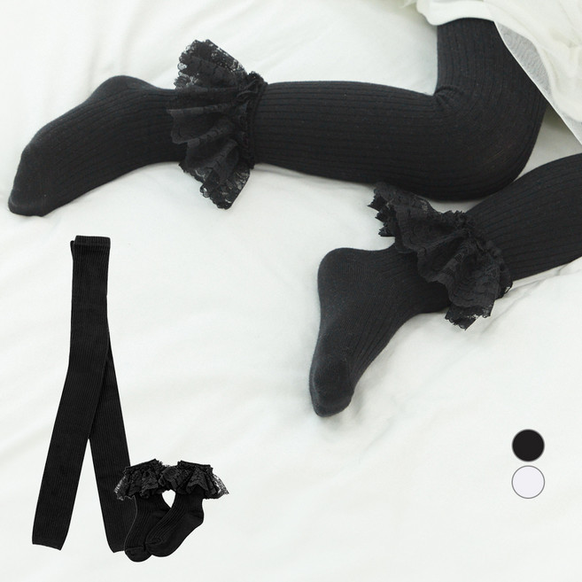 베이스알파에센셜 여아용 예쁨 레이스 분리형 골지 타이즈