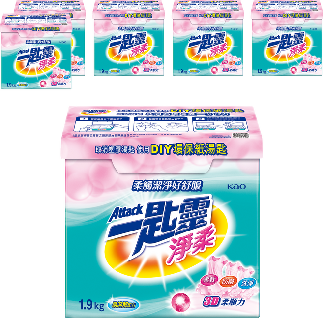 Attack 一匙靈 台灣公司貨 淨柔超濃縮洗衣粉, 1.9kg, 6盒