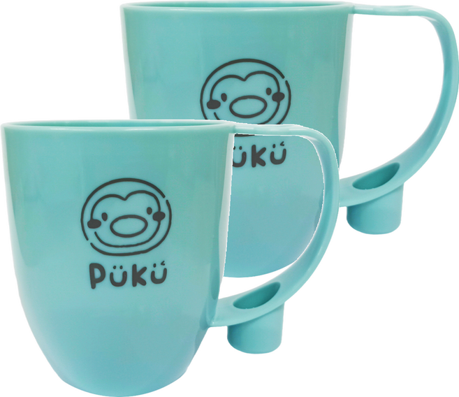 PUKU 藍色企鵝 微笑漱口杯 台灣製 好握把手 附牙刷架 PP材質 安全無毒 240ml, 藍色, 2個