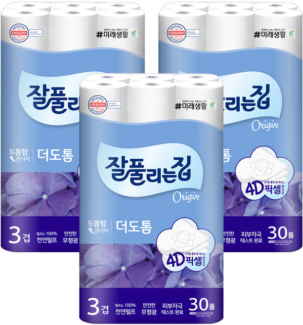 잘풀리는집 더도톰 천연펄프 3겹 고급롤화장지, 25m, 30개입, 3개