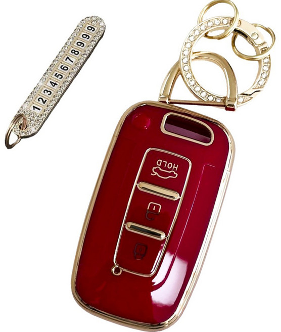 루루형제 현대 자동차 호환 프리미엄 TPU 키 케이스 + 번호키링, 딥레드, HK-03
