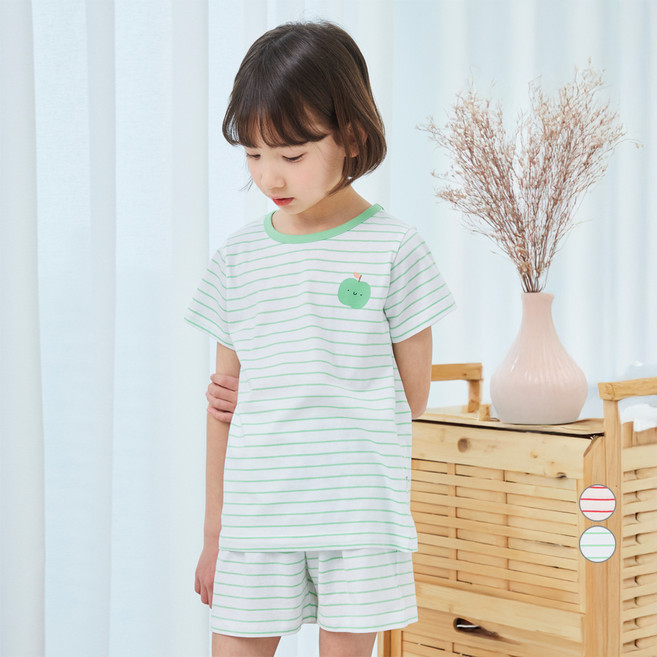 롤리트리 아동용 스트라이프 과일 포인트 반팔 싱글 실내복 상하의 세트