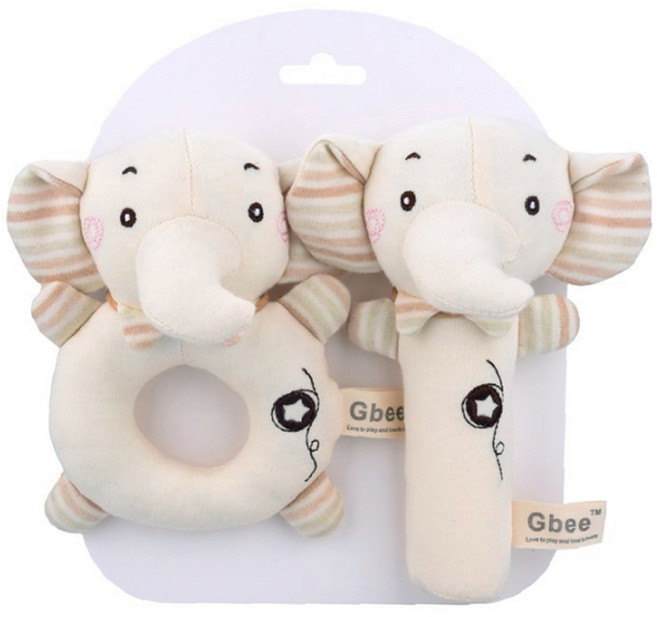 Gbee 搖鈴手抓棒 2個, 彩棉大象 米色, 1組