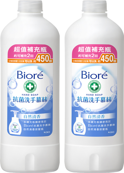 Biore 蜜妮 台灣公司貨 抗菌洗手慕絲 補充瓶 自然清香, 450ml, 2瓶
