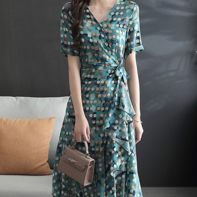 페이퍼먼츠 레트로 도트 브이넥 허리 슬림 사선 랩 원피스 04824