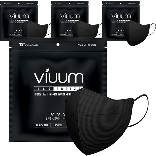 비움 푸름웰니스 에코브리즈 새부리형 성인용 마스크 대형 KF94, 25매입, 4개, 블랙