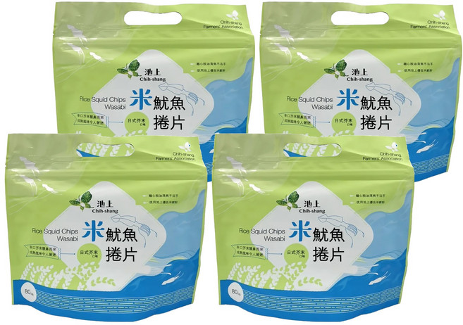 池上鄉農會 米魷魚捲片 日式芥末口味, 80g, 4包