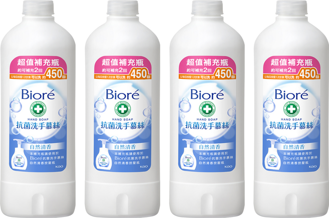 Biore 蜜妮 台灣公司貨 抗菌洗手慕絲 補充瓶 自然清香, 450ml, 4瓶