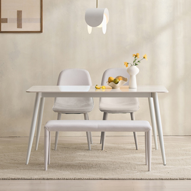 SAF 포코 식탁세트 4인용 1400 식탁 + 벤치 + 의자2p 세트 방문설치, 마블화이트(상판), 화이트(프레임), 아이보리(벤치,의자), 일반 2 + 벤치 1