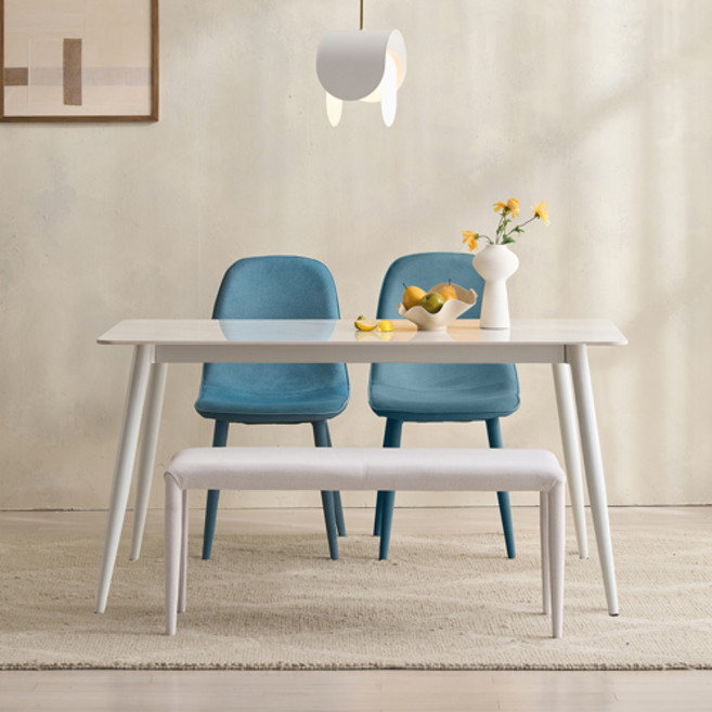 SAF 포코 식탁세트 4인용 1400 식탁 + 벤치 + 의자2p 세트 방문설치, 마블화이트(상판), 화이트(프레임), 아이보리(벤치), 시안(의자), 일반 2 + 벤치 1