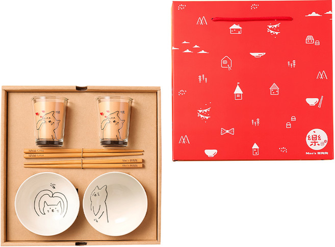 Mao's 樂陶陶 愛貓雙碗玻璃杯禮盒組, 2個小碗 + 2個玻璃杯 + 2雙筷子 + 提盒式禮盒, 愛貓, 1盒