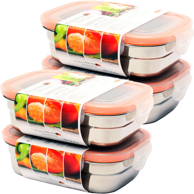 까사맘 스테인레스 스틸 사면 결착 강력 밀폐용기, 4개, 320ml