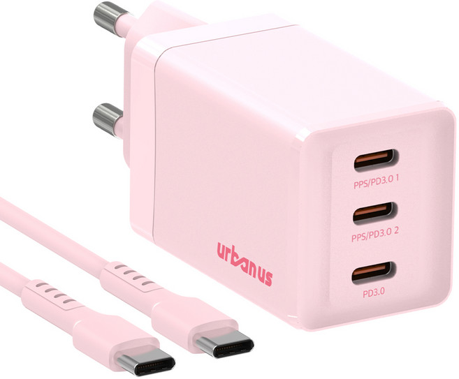 어반어스 GaN 67W 미니 C타입 3포트 PD PPS 초고속 충전기 65W C TO C 케이블 1.5m, 핑크, 1개