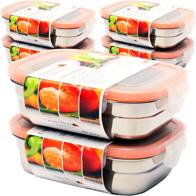 까사맘 스테인레스 스틸 사면 결착 강력 밀폐용기, 6개, 320ml