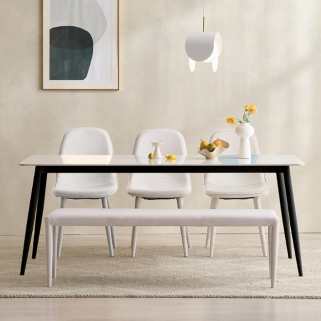 SAF 포코 식탁세트 6인용 1800 식탁 + 벤치 + 의자3p 세트 방문설치, 마블화이트(상판), 블랙(프레임), 아이보리(벤치, 의자), 일반 3 + 벤치 1