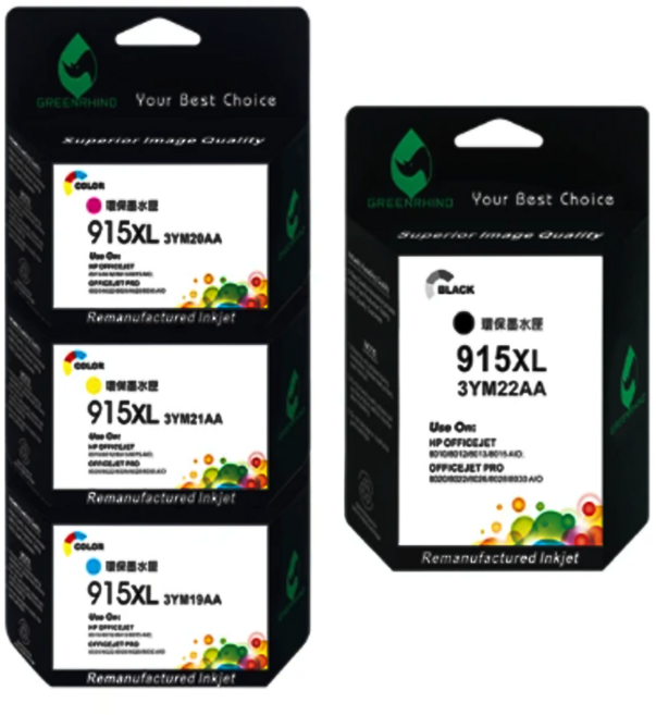 GREENRHINO 綠犀牛 相容HP 915XL 3YM22AA/3YM21AA/3YM20AA/3YM19AA 高容量環保墨水匣, 1套, 黑色 + 紅色 + 黃色 + 藍色