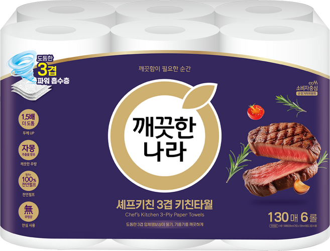깨끗한나라 촉앤감 셰프 키친타올 130매, 6롤, 1개