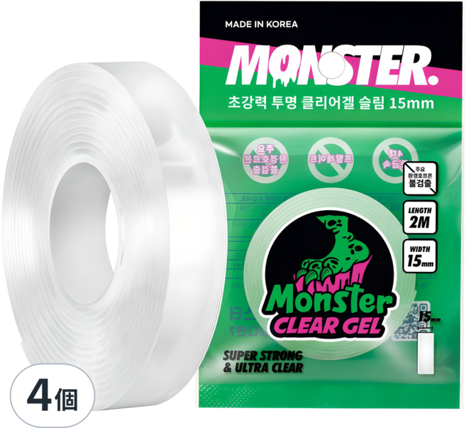 Monster CLEAR GEL Slim款 超強力透明矽膠雙面膠帶, 4個, 透明