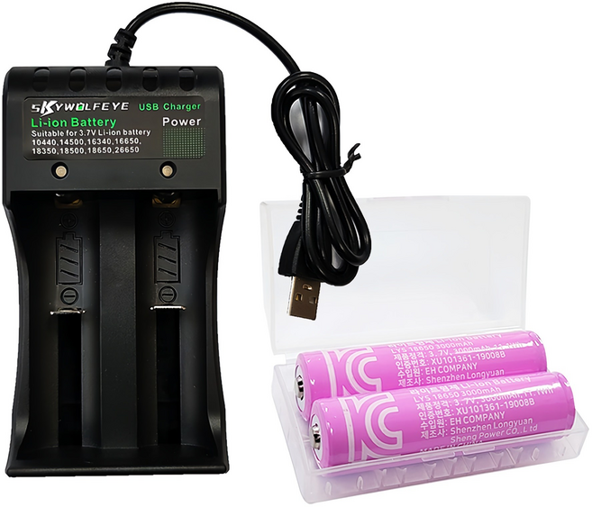 스카이울프아이 3000mAh 충전용 배터리 2p 18650 + 2구 충전기, 1세트