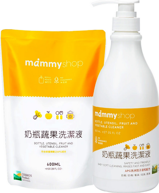 mammyshop 媽咪小站 奶瓶蔬果洗潔液 800ml + 補充包 600ml, 1400ml, 1組