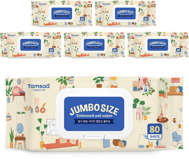 탐사 점보 사이즈 도톰한 엠보싱 물티슈 캡형, 65g, 80개입, 6개