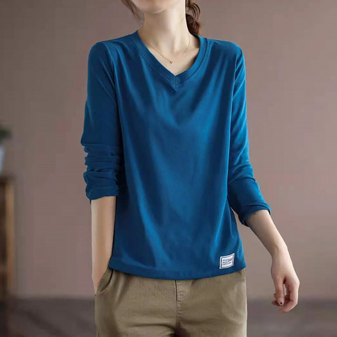 MarketA 女款簡約V領長袖輕熟女T恤