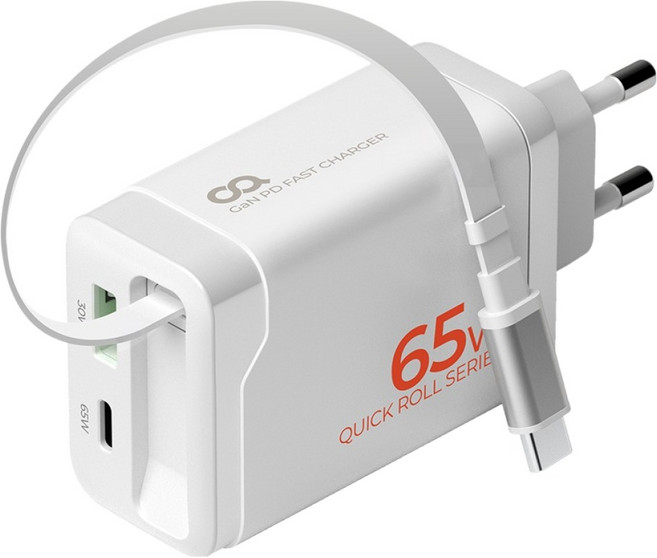오아 퀵롤차저 일체형 케이블 65W GaN C타입 초고속 2포트 멀티 고속 핸드폰 충전기, 화이트, 1개