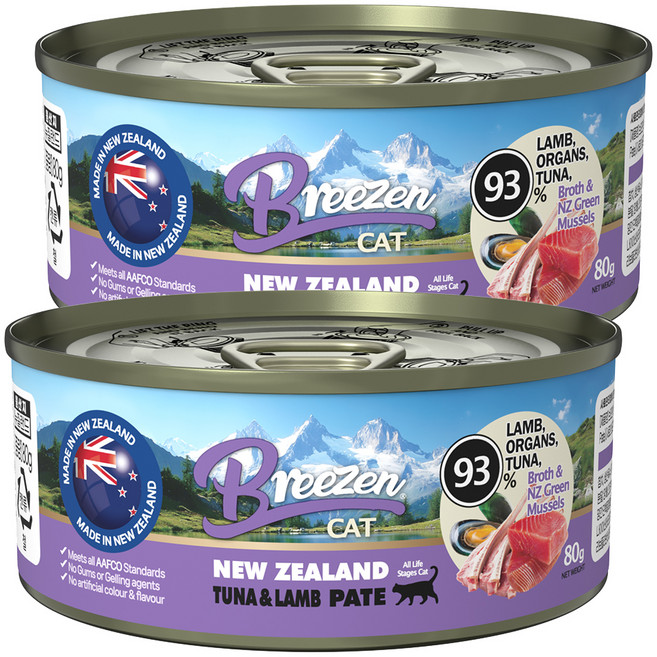 브리젠 전연령 고양이 뉴질랜드 파테 주식캔, 2개, 80g, 참치+양