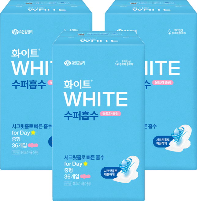화이트 수퍼흡수 생리대 날개형, 중형, 36개입, 3개