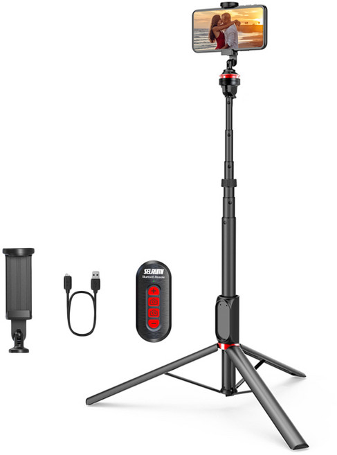 셀루미 줌 인아웃 무선 블루투스 갤럭시 전용 셀카봉 삼각대, SEL-ML185K(블랙 + 레드), 1개
