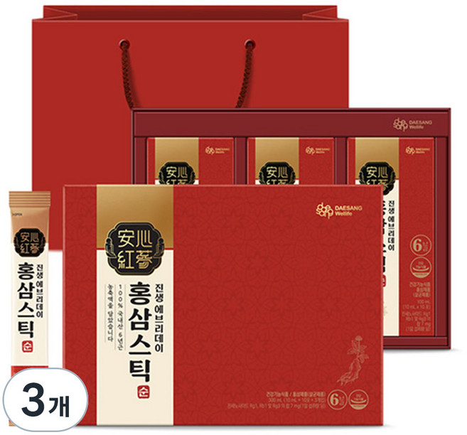 대상웰라이프 진생 에브리데이 홍삼스틱 순 + 쇼핑백, 3개, 300ml