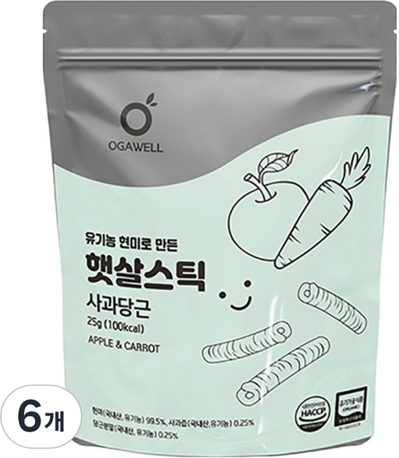 OGAWELL 有機糙米陽光棒, 25g, 6個, 蘋果胡蘿蔔