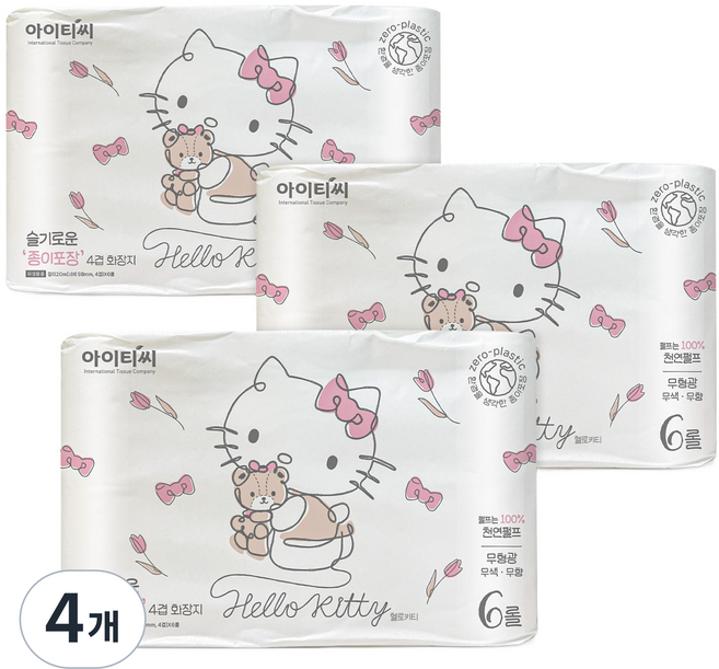 ITC 헬로키티 슬기로운 종이포장 천연펄프 4겹 양면더블데코 고급롤화장지, 20m, 6롤, 12개