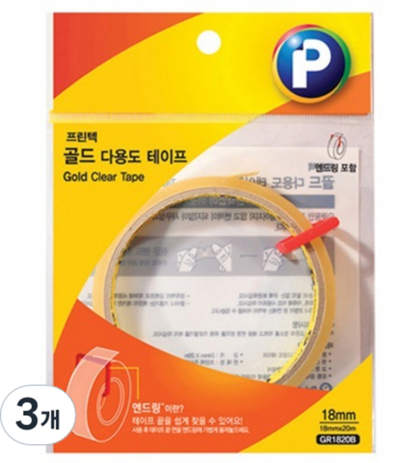 프린텍 골드 다용도 테이프 리필 18mm x 20m GR1820B, 3개, 투명