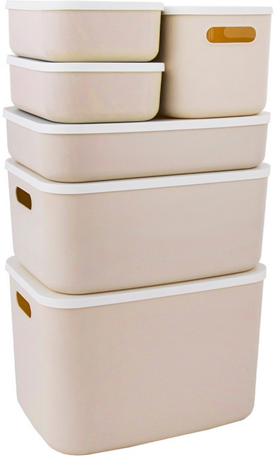 FAmILyLIFE 生活 撞色系可疊加附蓋防塵卡扣收納盒 6入, 米白色, 1組