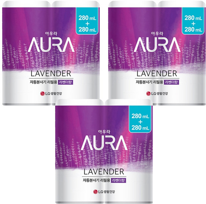 아우라 자동분사 방향제 리필 2개입, 560ml, 3개, 라벤더향