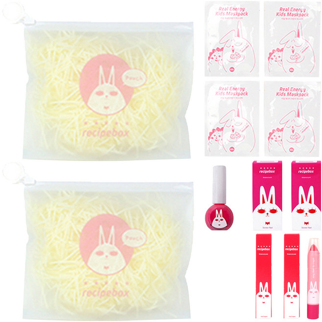 레시피박스 어린이 여행용 심플 메이크업 세트, 휴대용 파우치 + 어린이 마스크팩 2p + 립크레용 + 매니큐어 보타니컬 핑크, 2세트