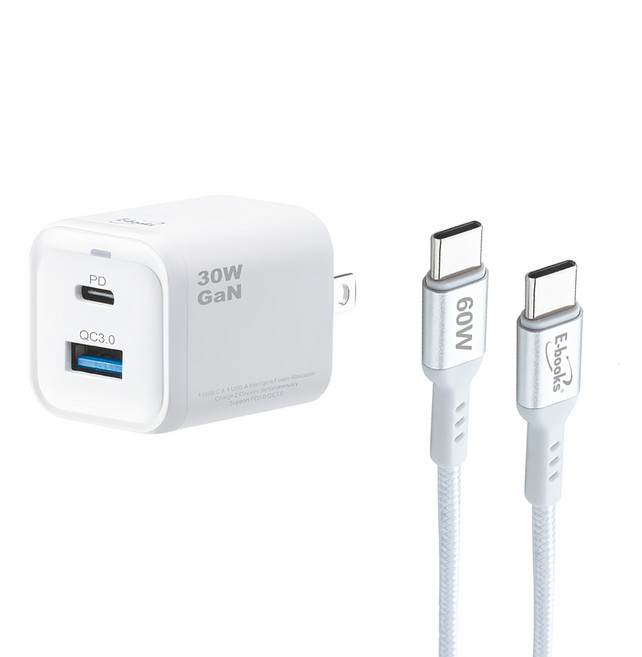 E-books B96 30W/60W 2 Port USB-C to USB-C GaN 充電器組 PD+QC Fast Charging 100cm BSMI Certified 白色