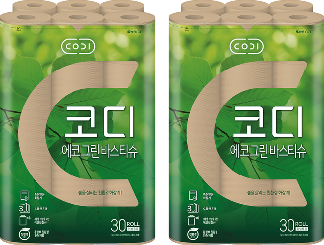 코디 에코그린 바스티슈 롤화장지, 30m, 30롤, 2개
