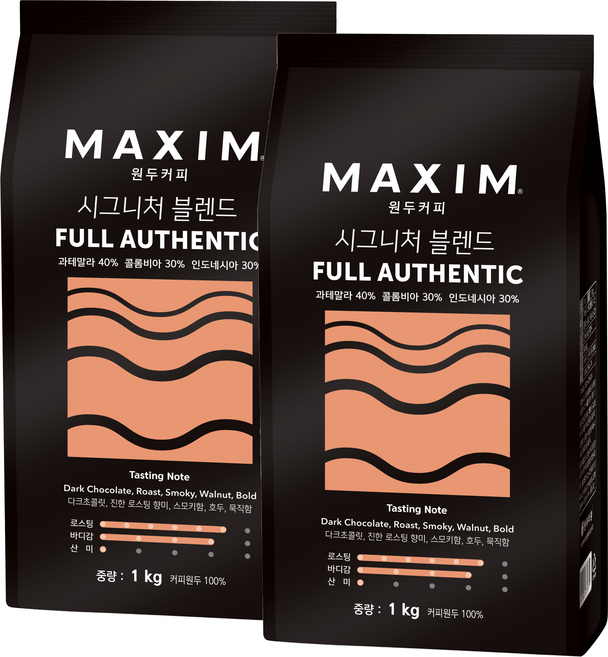 맥심 시그니처 블렌드 풀 어센틱 원두커피, 홀빈(분쇄안함), 1kg, 2개