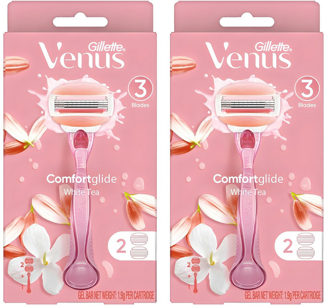 Venus 정품 컴포트 글라이드 화이트티 여성용 면도기 + 면도날 2입, 2개입, 2개