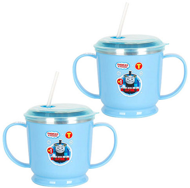 THOMAS&FRIENDS 湯瑪士小火車 防潑濺不鏽鋼雙把手吸管學習杯 K0046, 藍色, 250ml, 2個