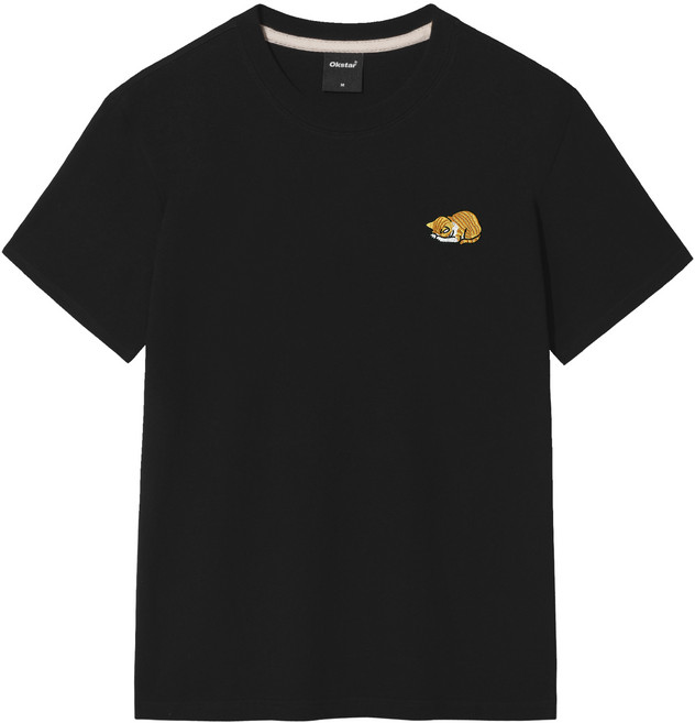 옥스타 남녀공용 통기성 졸린 치즈냥 자수 반팔 티셔츠 OTS026