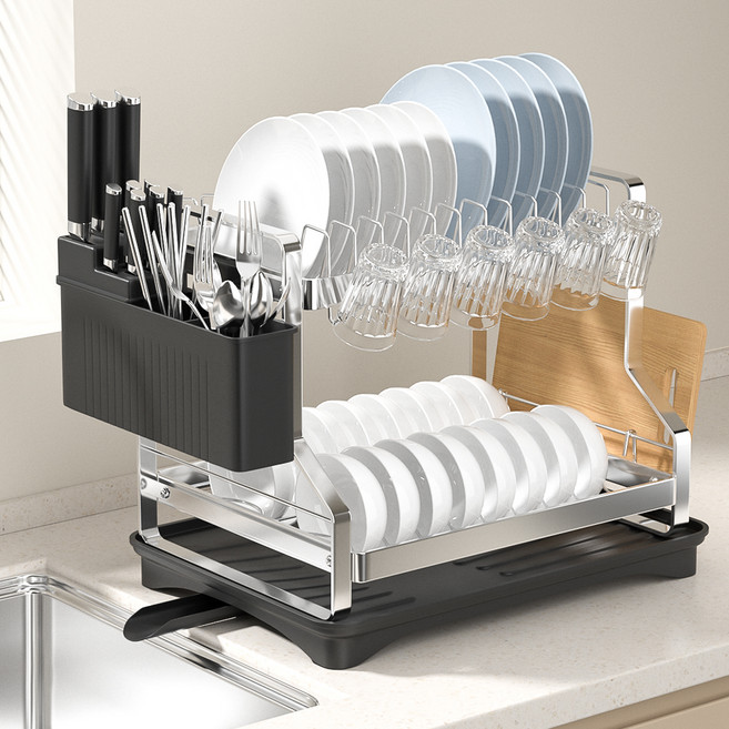 코멧 다용도 스테인리스 자동배수 식기건조대, 블랙, 1개, 2단