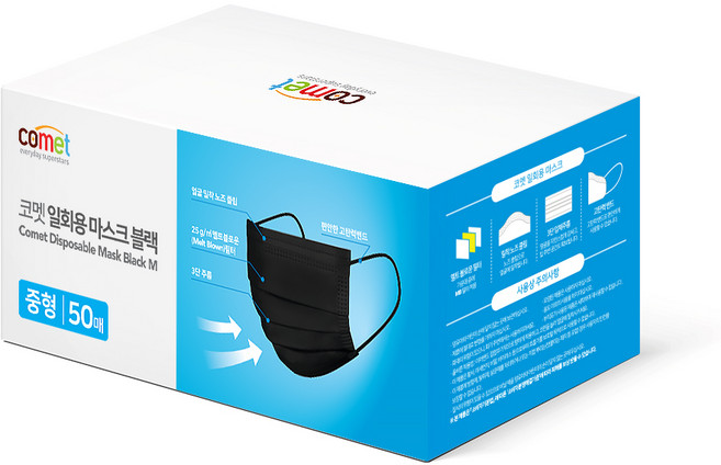 코멧 쉽게 뽑아쓰는 일회용 마스크 중형, 50개입, 블랙, 1개