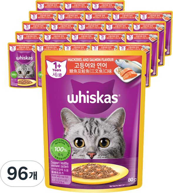 위스카스 어덜트 고양이 습식사료, 고등어+연어, 80g, 96개