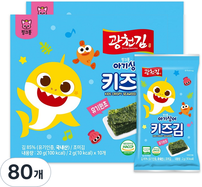 광천김 핑크퐁 아기상어 유기원초 키즈김, 김, 20g, 8개