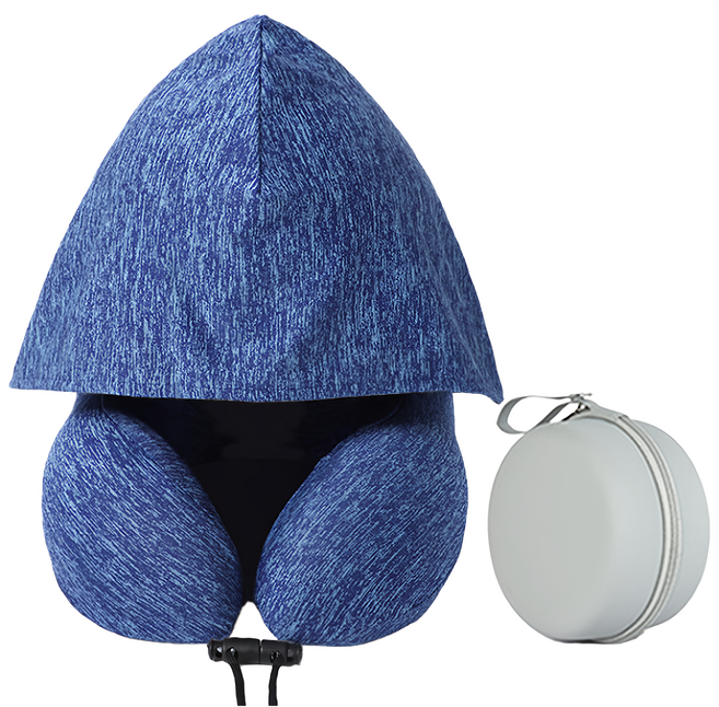 咪咪購物 飛機枕/連帽頸枕/脖子枕頭/護頸枕/旅行頸枕 戴帽款 + 收納盒, 深藍色