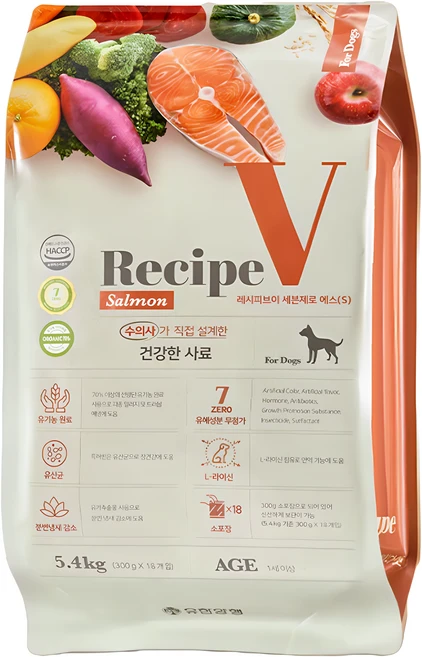 유한양행레시피브이 강아지 세븐제로 건식사료, 연어, 5.4kg, 1개 - 쿠팡