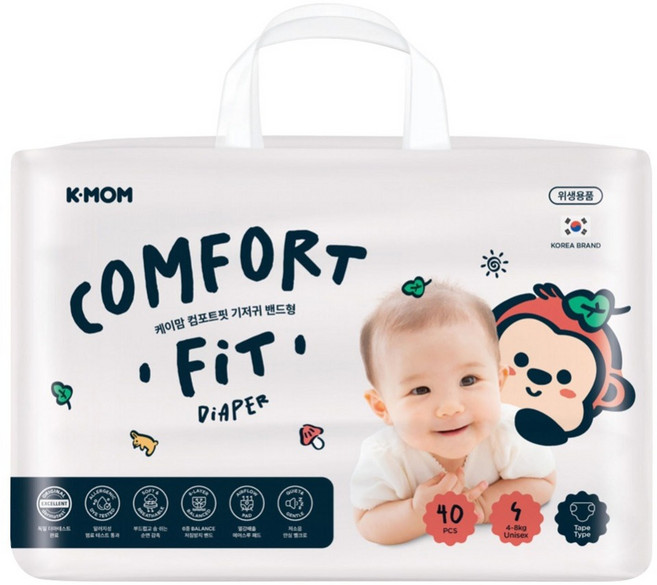 MOTHER-K K-MOM COMFORT FIT 雲柔鎖水紙尿布 黏貼型 4~8kg, S, 40片